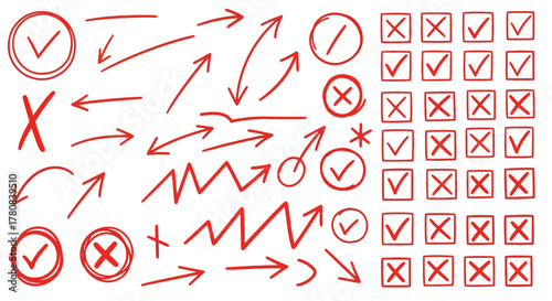 Collection of hand drawn red checkmarks x marks and arrows on white background