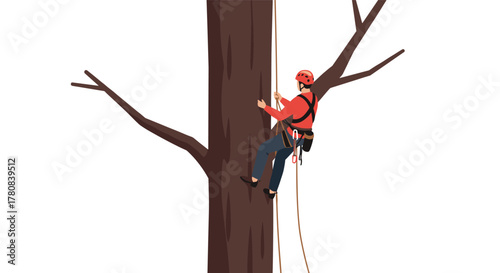 Tree climbing adventure outdoor enthusiast in safety gear scaling tall tree