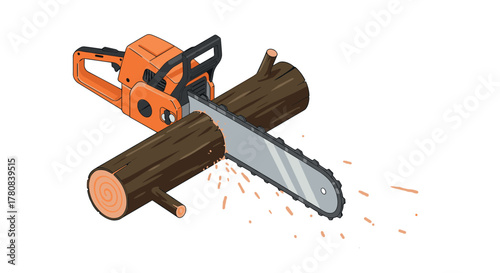 Chainsaw cutting through wood log in action scene with sawdust on white background