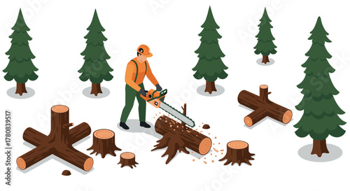 Isometric lumberjack cutting trees in forest scene