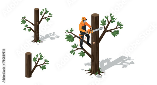 Isometric tree cutting scene featuring arborist with chainsaw in action
