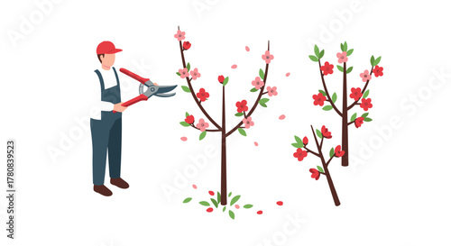 Gardener pruning flowering trees in spring with shears in isometric style