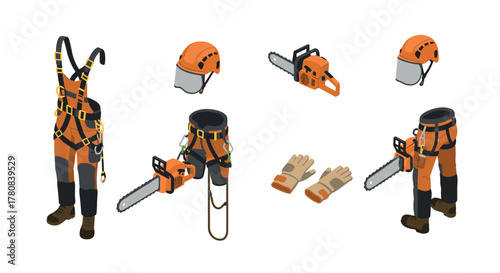 Isometric forest worker tool set with safety gear and chainsaw