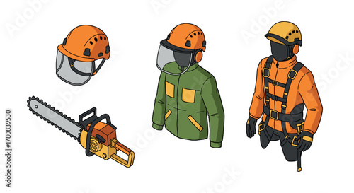 Forestry safety gear set with chainsaw, helmet, and protective suit in isometric style