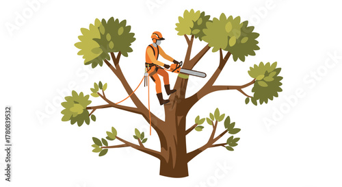 Tree climber using chainsaw for pruning in safety gear