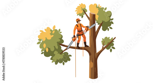 Tree trimmer in action professional arborist pruning high branches with chainsaw