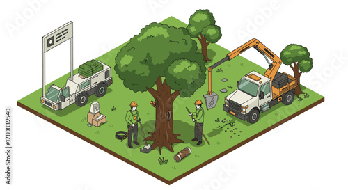 Isometric foresters working with machinery in tree maintenance scene