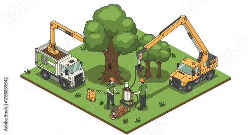 Isometric tree planting scene with workers and construction vehicles in a park setting