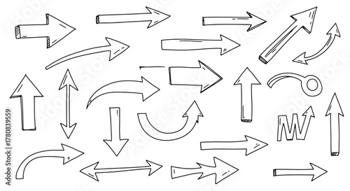 Collection of hand drawn arrows in various styles and directions on white background