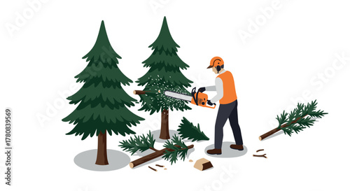 Lumberjack cutting pine trees with chainsaw in isometric style