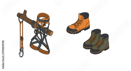 Climbing gear and boots harness, carabiner, hiking footwear on white background