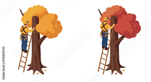 Arborist pruning autumn trees seasonal tree maintenance in two color variations