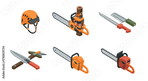 Set of isometric chainsaw and safety gear icons for logging and woodworking