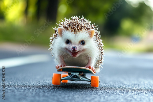 Fototapeta Naklejka Na Ścianę i Meble -  Adorable Hedgehog Relaxing in Wooden Garden House Surrounded by Blooming Flowers and Greenery Generative AI Nature Scene