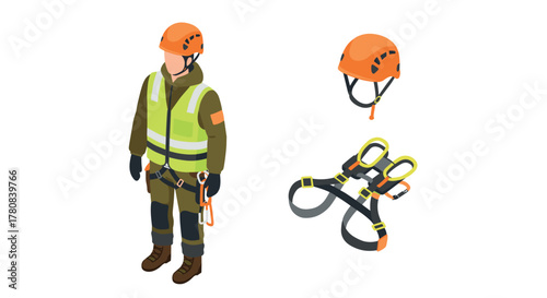 Isometric safety gear worker with helmet and harness for industrial protection