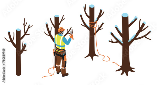 Arborist pruning trees in winter gear with safety equipment and tools for tree maintenance