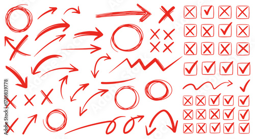 Collection of hand drawn red arrows circles xs and checkmarks on white background
