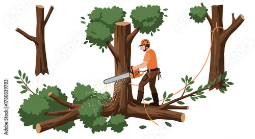 Lumberjack cutting trees with chainsaw in forest scene