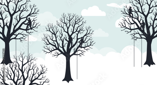 Silhouette of people climbing bare trees against cloudy sky