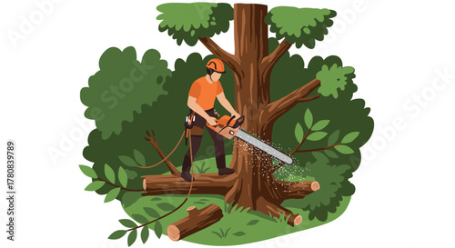 Lumberjack using chainsaw to cut down tree in forest setting with safety gear