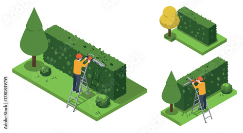 Isometric gardening scene with gardener trimming hedge and trees