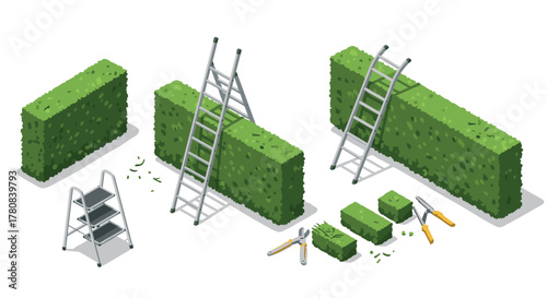 Isometric garden topiary with ladders and hedge trimming tools on white background