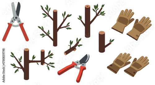 Gardening tools and pruned tree branches in isometric design
