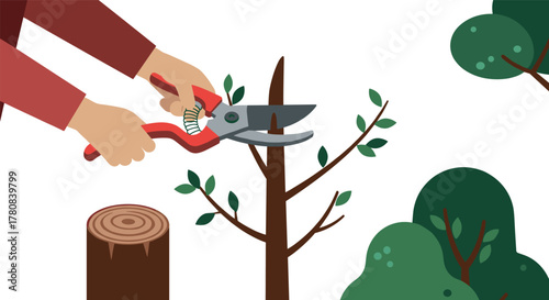 Gardening pruning tools cutting tree branches in minimalist design