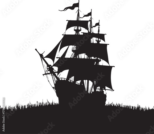 Black silhouette of a sailing ship on the water black and white