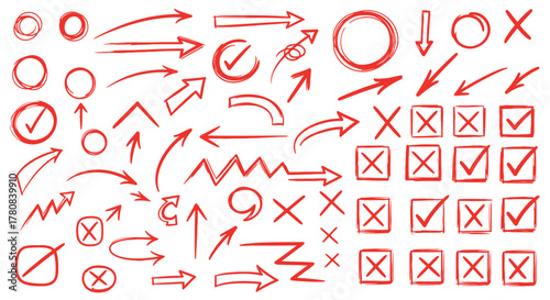 Collection of hand drawn red arrows checkmarks and crosses symbols on white background