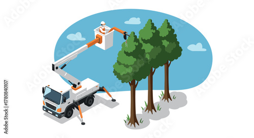 Isometric tree trimming with utility bucket truck and hydraulic lift in action
