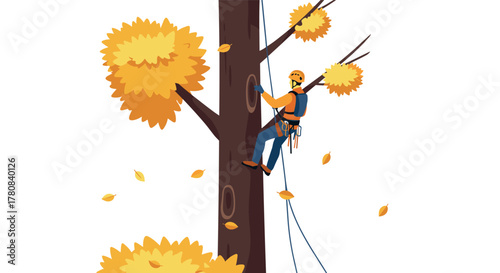 Arborist climbing tall tree with safety gear and autumn leaves scattered around