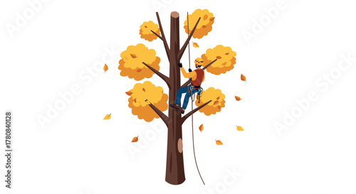 Arborist climbing autumn tree for pruning amid falling leaves