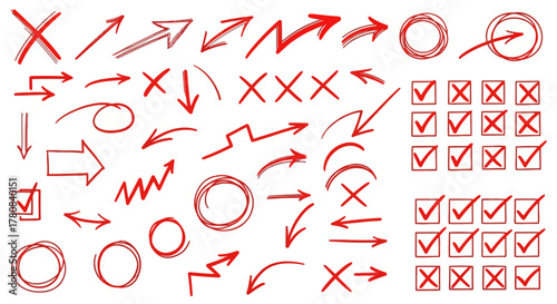 Collection of red hand drawn arrows checkmarks circles and xs isolated on white background