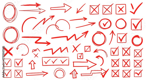 Collection of hand drawn red checkmarks crosses circles and arrows on a white background for design and annotation
