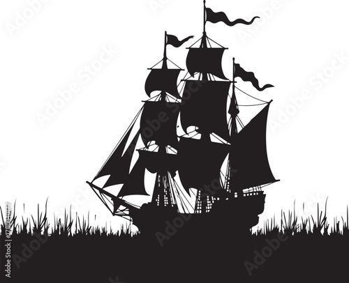 Black silhouette of a sailing ship with full sails