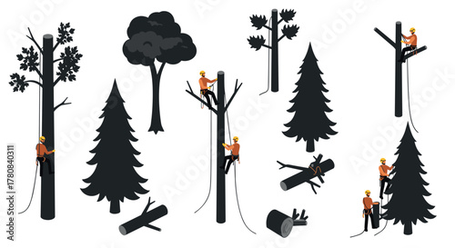 Tree climbing and logging illustrations with arborists in action
