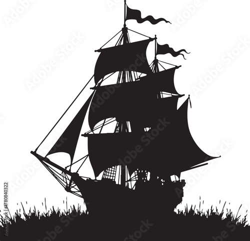 Black silhouette of a sailing ship with full sails