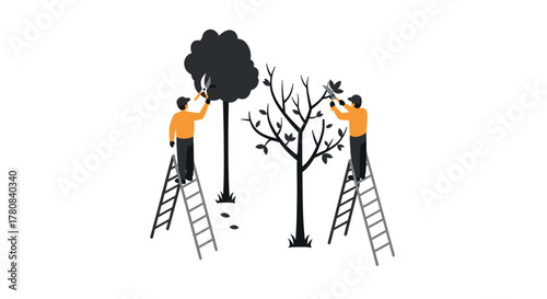 Gardening team pruning trees with ladders in minimalist style
