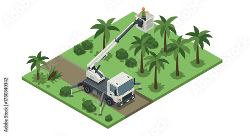 Isometric utility truck with worker pruning palm trees in a tropical landscape