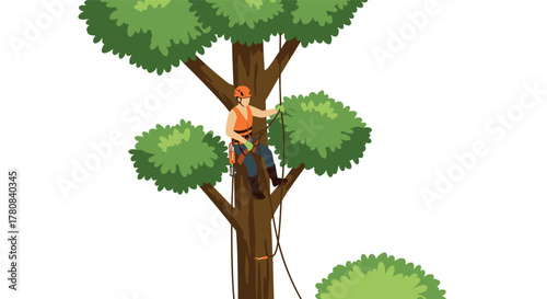 Arborist climbing tree professional worker in safety gear pruning branches