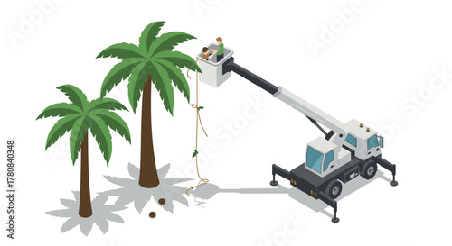 Isometric palm tree maintenance with boom lift on white background