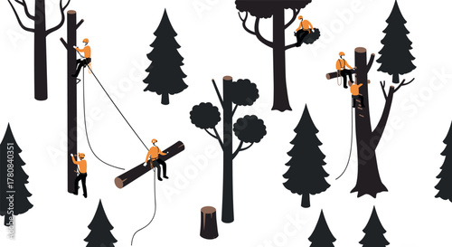 Forestry worker silhouette in tree climbing scene with modern flat design elements