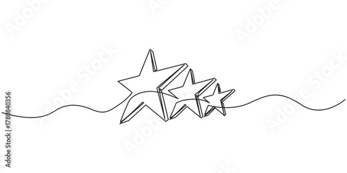 Five stars drawn in one continuous line. Minimal and modern vector illustration, perfect for ratings, reviews, and quality concepts. Hand drawn stars continuous one line icon. Star single line vector