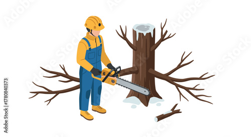 Isometric worker cutting tree with chainsaw in safety gear
