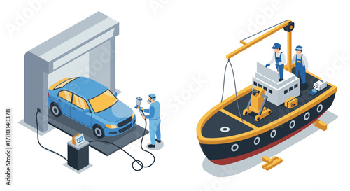 Isometric car painting process and ship construction with workers in action