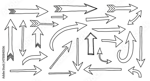 Collection of hand drawn arrow doodles and pointers in various styles and directions on a white background