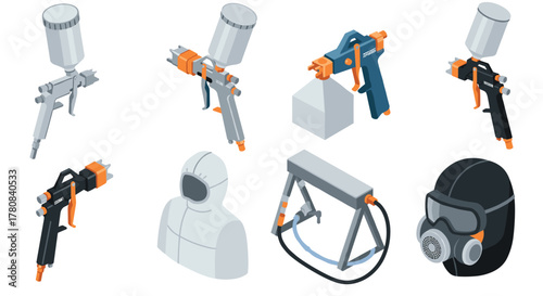 Isometric spray gun and protective gear icons set for painting and coating