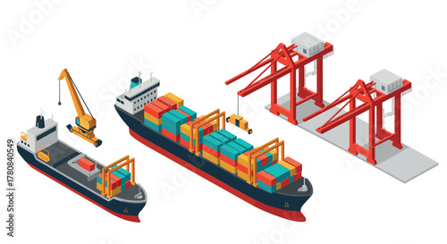 Isometric cargo ships and port cranes for maritime and shipping concepts