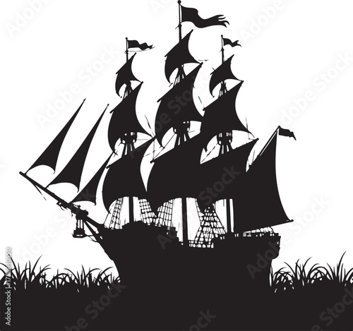 Black silhouette of a sailing ship with full sails